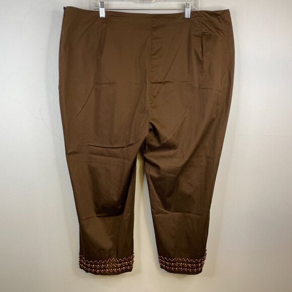 Jones New York CROP Capri Pants Womens 22W 2X Brown BEADED Trim STRETCH Zip - Picture 7 of 12
